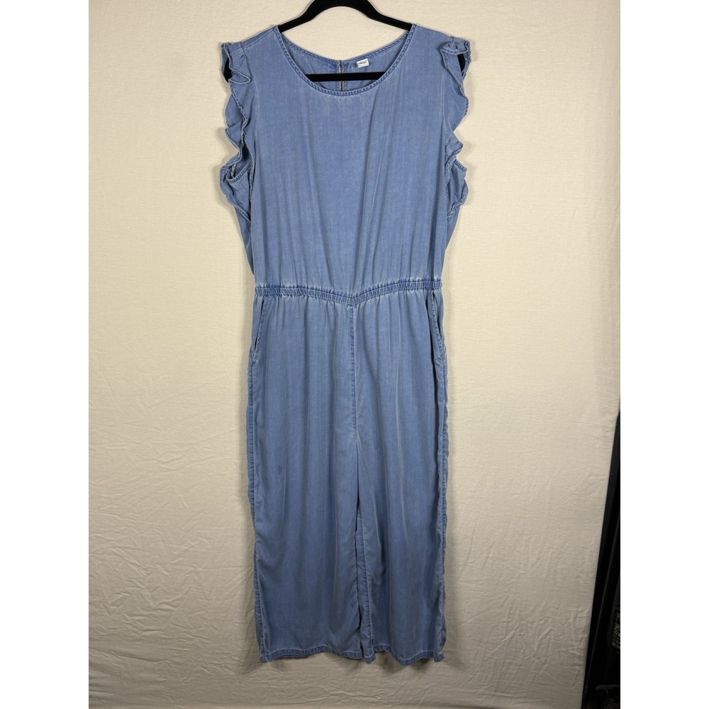 Old Navy Jumpsuit Womens L Blue Tencel Lyocell Flutter Sleeve Wide Leg DenimLook
